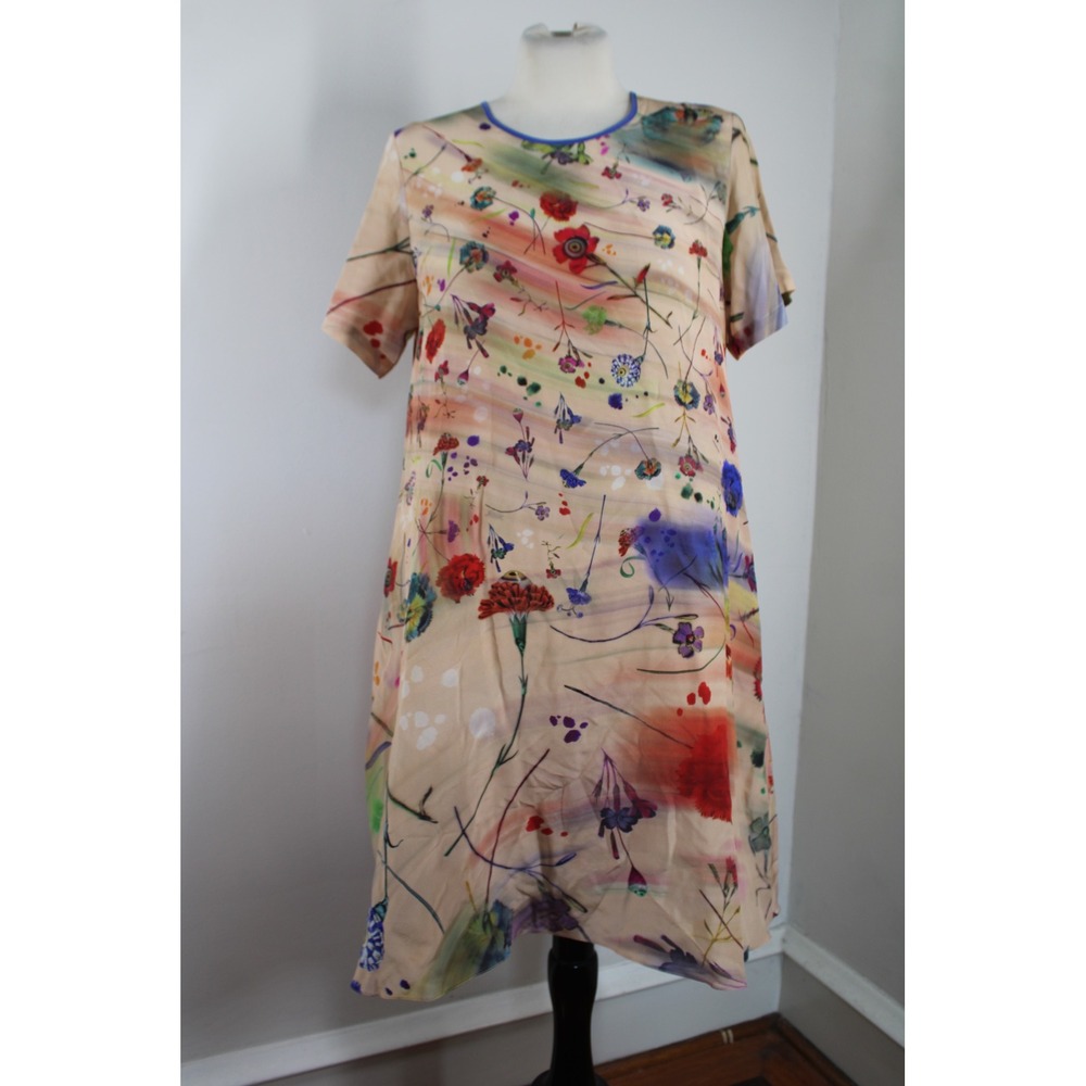 Klements London S Multicolor Floral Shift Dress Short Sleeve Pockets Art Print